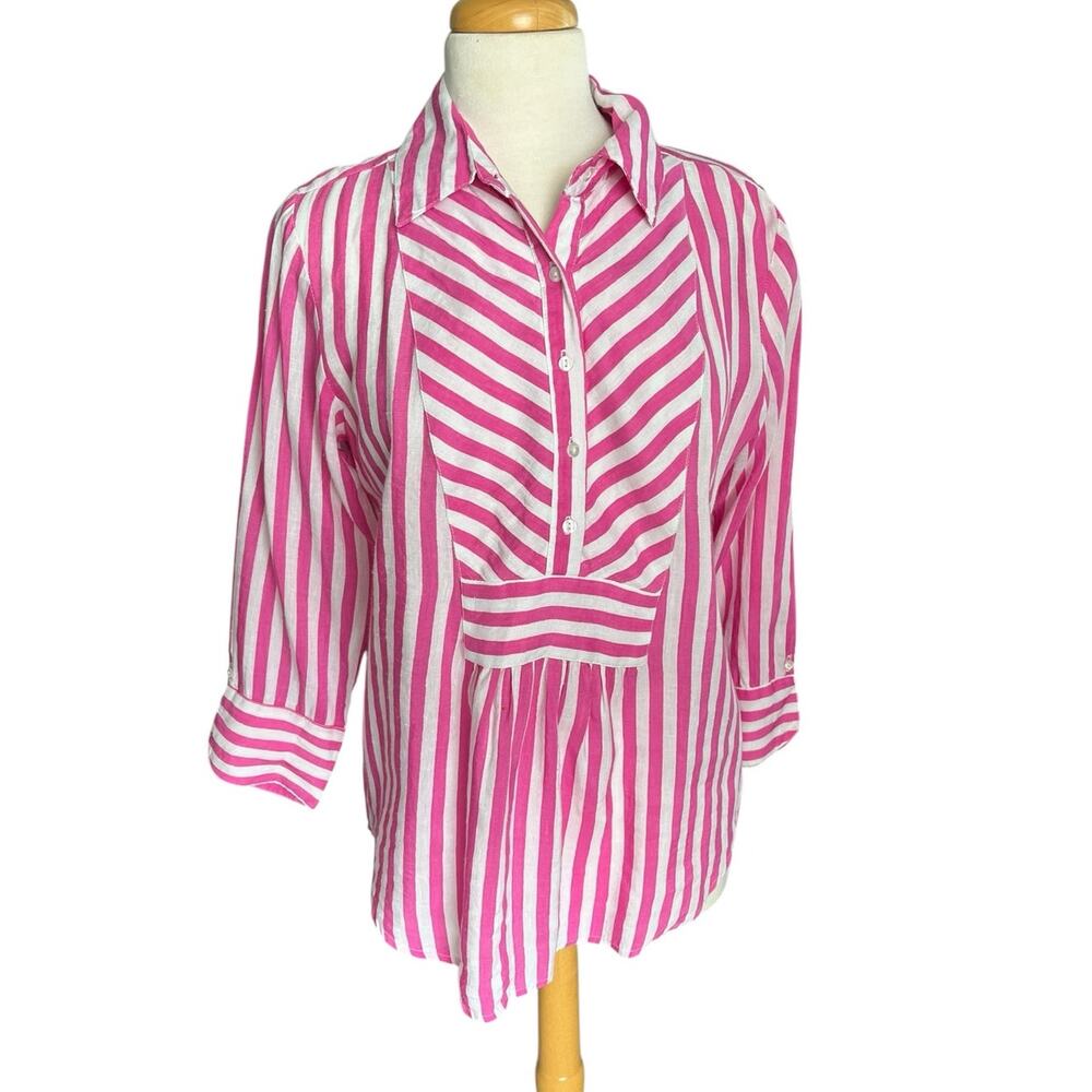 Southern Frock Linen Tunic Long Sleeves Pink White Striped Beachy Coastal Medium